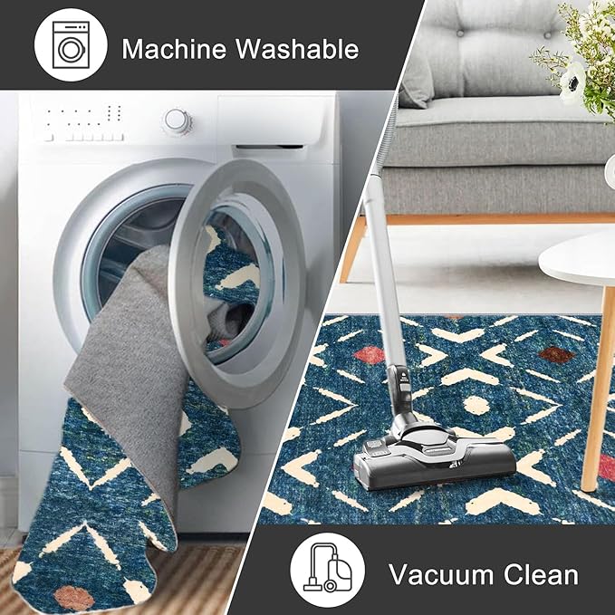 KILOCOCO Hallway Runner Rug 2.6'x8' Runners for Hallways Washable Runner Soft Non Slip Printed Geometric Low-Pile Rugs Runners for Bedroom Kitchen Living Room Boho Rugs, Teal/Blue