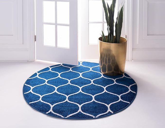 Rugs.com Lattice Frieze Collection Rug – 6' Round Navy Blue Medium Rug Perfect for Kitchens, Dining Rooms