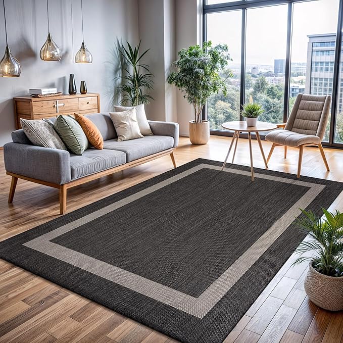 CAMILSON Outdoor Rug 6x9,Modern Outside Rugs for Patios Porches Waterproof Durable Washable Non-Shedding, Easy-to-Clean Indoor Outdoor Area Carpet (6 x 9, Bordered - Dark Gray/Light Gray)