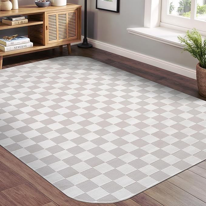 Beverly Rug Modern Geometric Area Rug 9x12 Low-High Pile Durable Soft Abstract Checkered Indoor Rugs for Living Dining Room Office Stain Resistant Non Shedding Casual Indoor Carpet Beige White 9 x 12