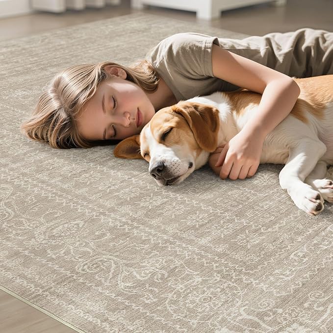 8x10 Area Rugs Living Room: Washable Large Vintage Rug Neutral Non-Slip Soft Stain Resistant Indoor Carpet for Bedroom Nursery Dining Room Under Table Bed Home House Office Playroom - Brown