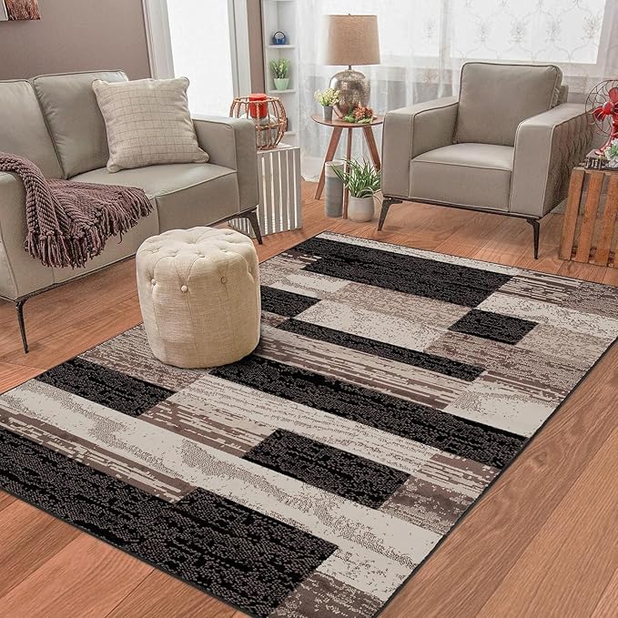 Superior Rockwood 3 Piece Indoor Area Rug Set, Jute Backing, Modern Color Block Decor for Hallway, Entry, Office, Kitchen, Living Room Floors, Plush Rugs, 2' 7" x 8', 5' x 8', 8' x 10', Chocolate