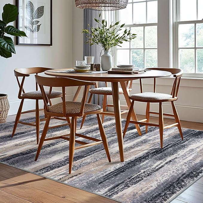 Modern Abstract 6x9 Machine Washable Living Room Rug Non-Slip Soft Bedroom Area Rug Grey Black Multi Ultra Thin Print Faux Wool Floor Carpet Throw Rugs for Nursery Playroom Dining Room Indoor