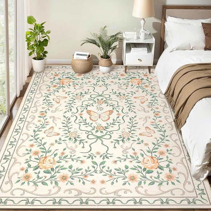GarveeHome Beige Floral 9x12 Living Room Rugs Non Slip Washable Large Bedroom Throw Carpet Low Pile Butterfly Rug Soft Boho Bow and Flower Carpets for Nursery Home Decor, 9x12