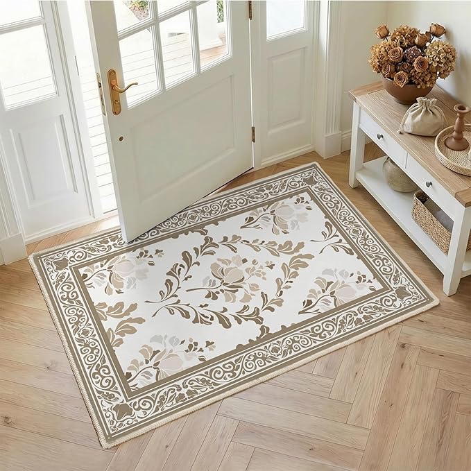 SOULFUL Medium Pile 3x5 Area Rug - Soft Underfoot Small Entryway Rug - Brown Boho Floral - Washable Non-Slip - Perfect for Living Room Bedroom Foot Kids Room Reading Nook