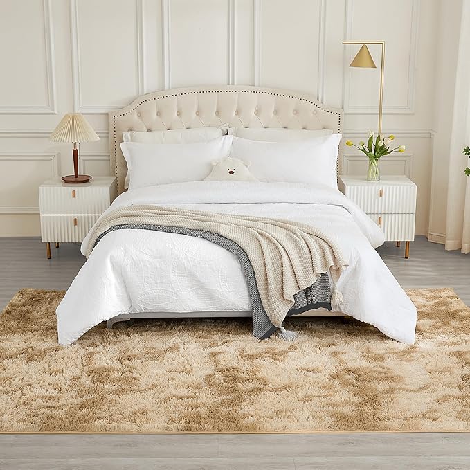Andency 8x10 Area Rugs for Living Room, Upgrade Non-Slip Fluffy Soft Large Shag Bedroom Carpet, Tie-Dyed Khaki Big Indoor Thick Nursery Rug for Kids Dorm Home Decor Aesthetic