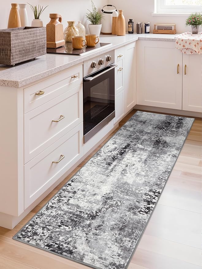 Washable Abstract Runner Rug, 2x6 Modern Area Rugs with Non-Slip Rubber Backed for Kitchen, Thin but Soft Contemporary Carpet Bedroom Entryway Hallway Decor, Dark Grey