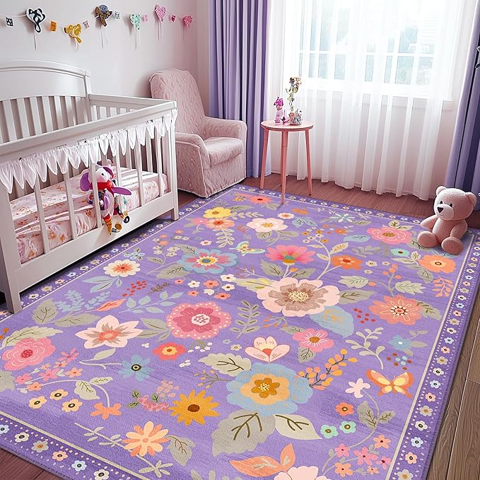 Floral 9x12 Area Rug Machine Washable Soft Print Boho Carpet Non Slip Doormat Low Pile Flower Area Rugs for Living Room Bedroom Nursery Kitchen Dining Room Indoor-Purple/Pink/Multi