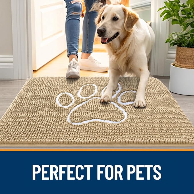 OLANLY Dog Door Mat for Muddy Paws 47x24, Paw Print Design, Absorbs Moisture and Dirt, Absorbent Non-Slip Washable Doormat, Quick Dry Chenille Mud Mat for Dogs, Entry Indoor Entryway Carpet, Beige