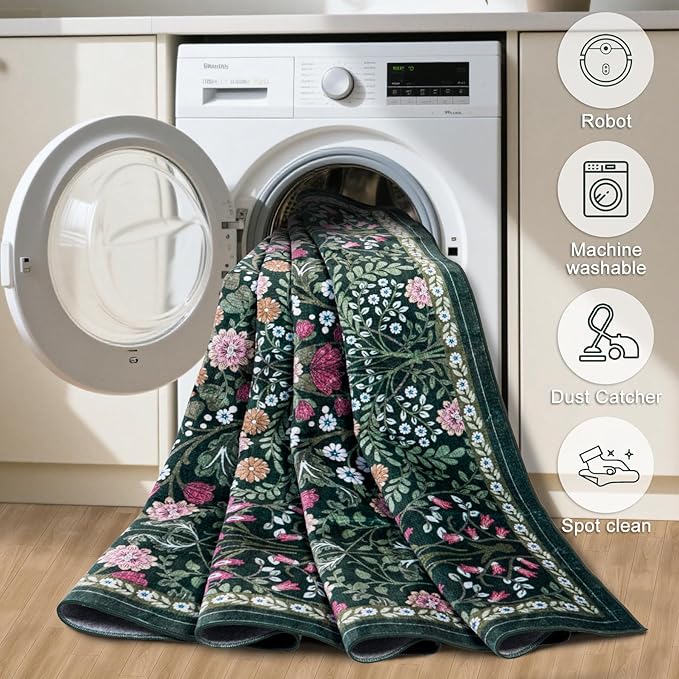 Area Rug Living Room Rugs: Floral 4x6 Washable Rug Vintage Soft Boho Non-Slip Carpet Indoor Floor Stain Resistant Large Carpets for Bedroom Dining Room Farmhouse Nursery Hallway Home Office Dark Green