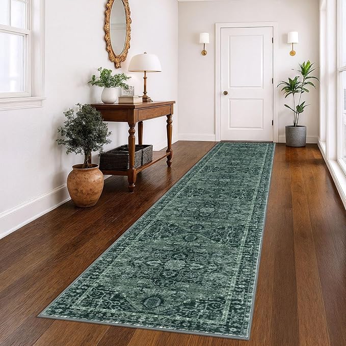 KOZYFLY Runners for Hallways 3x14 Ft Extra Long Washable Faux Wool Stair Thin Runner Rug Printed Hallway Carpet for Entryway Bedroom Stairs Kitchen Floor Accent, Dark Green