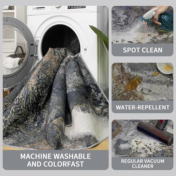 Modern Washable Rug for Living Room: Abstract 5x7 Area Rugs for Bedroom Low Pile Non Slip - Stain Resistant Carpet for Dining Room Indoor - Grey Gold