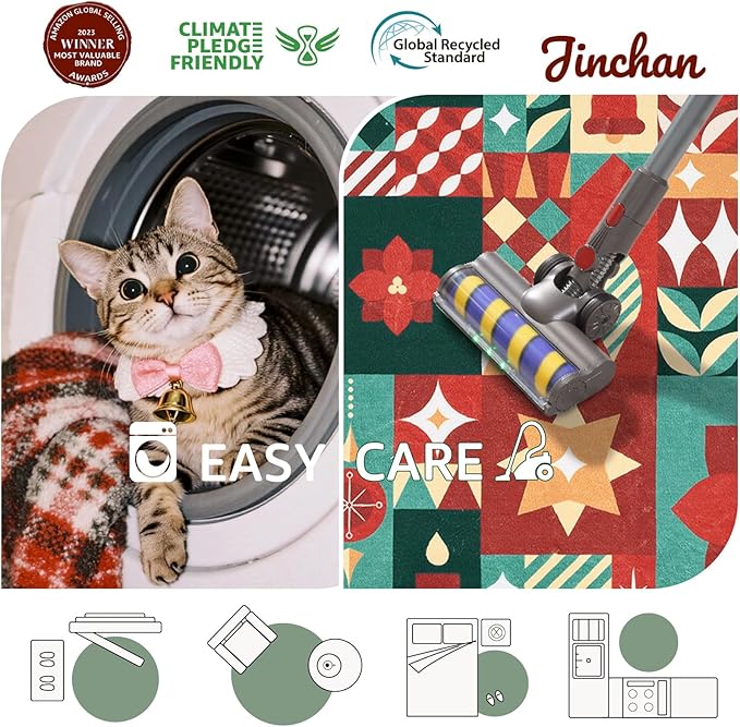 jinchan Round Christmas Rug 4ft for Entryway Washable Circle Christmas Bedroom Rug 4' Round Xmas Geometric Non-Slip Soft Carpet Festive Red-Green Holiday Patch Decor for Kitchen Living Room Porch