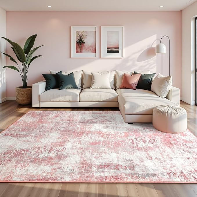 Washable Abstract Rug, 8x10 Modern Area Rugs with Non-Slip Rubber Backed for Living Room, Thin but Soft Contemporary Carpet Kitchen Bedroom Dining Room Decor, Pink