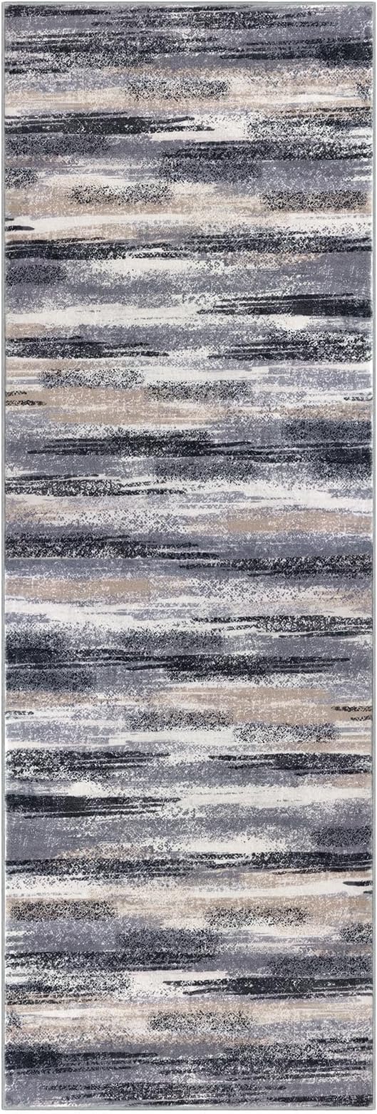 Modern Abstract Runner Rug 2.6x10, Grey Black Multi Washable Long Kitchen Runner Non-Slip Soft Hallway Rug Runner Thin Print Faux Wool Carpet for Entryway Bedroom Laundry Room Indoor Home Decor