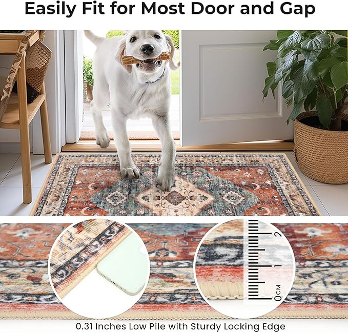 KOZYFLY Boho Round Rug 3 Ft Rugs for Entryway Washable Circle Rug Non Slip Doormat Rust/Orange/Blue Printed Faux Wool Vintage Round Entryway Rug Floor Carpet Round for Entrance, Bedroom