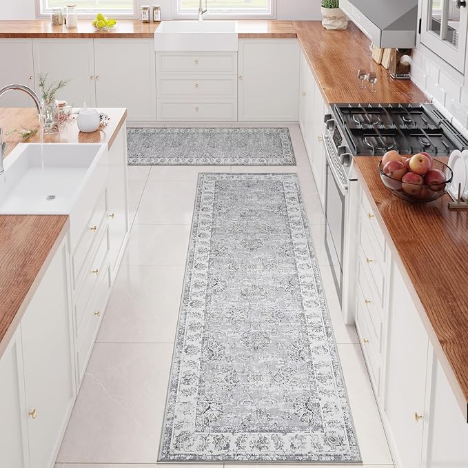 jinchan Fiora Runner Rug 3x10-2pcs Kitchen Washable Vintage Hallway Rug Floral Print Floor Cover Indoor Thin Retro Mat Accent for Bathroom Laundry Room Bedroom Office Farmhouse (Double, Grey)