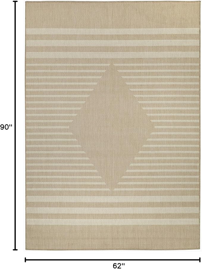 FH Home Flat Woven Outdoor Rug - Waterproof, Easy to Clean, Stain Resistant - Premium Polypropylene Yarn - Modern Geometric Kilim - Patio, Porch, Deck, Balcony - Mesa - Beige - 5ft 2in x 7ft 6in