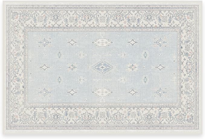 RUGGABLE Washable Vintage Area Rug – Verena Soft Blue 2x3, Stain-Resistant, Non-Slip – Small Machine Washable Rugs for Living Room, Bedroom, Hallway, Entryway & Bathroom–with Cushioned Pad