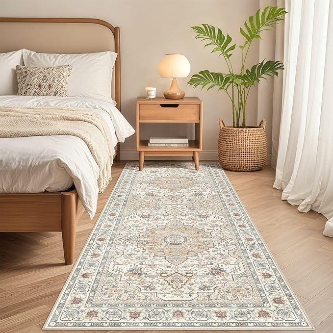 Runner Rug Kitchen Washable Rugs: 3x8 Non-Slip Boho Soft Vintage Stain Resistant Indoor Floor Neutral Farmhouse Throw Carpet for Hallway Bathroom Laundry Room Entryway Bedroom- Cream