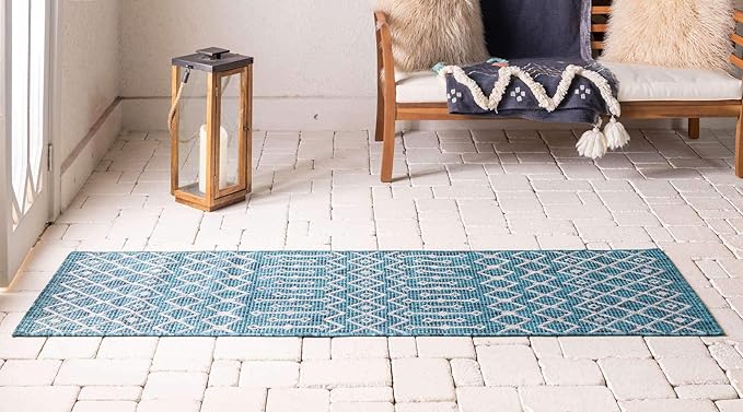 Unique Loom Outdoor Trellis Collection Area Rug - Tribal Trellis (2' x 6' 1" Runner, Teal/ Ivory)