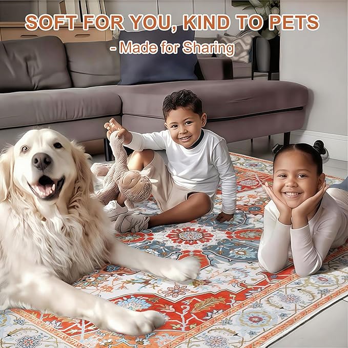 WILLSUN Washable Area Rugs, 5x7 Non-Slip Boho Large Area Rugs for Living Room, Bedroom, Machine Washable Vintage Rug, Indoor Floral Print Carpet for Home Decor, Kid & Pet Friendly Mat
