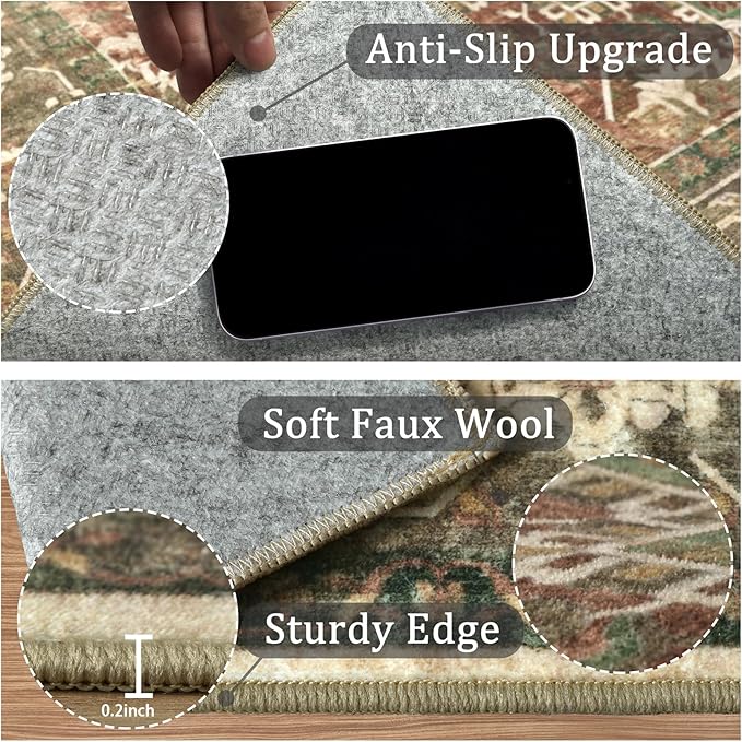 5x7 Machine Washable Area Rug for Living Room, Brown Green Boho Vintage Floral Rug Large Non-Slip Low Pile Soft Faux Wool Carpet, Kids and Pets Friendly for Bedroom Dining Room Farmhouse Decor Rug