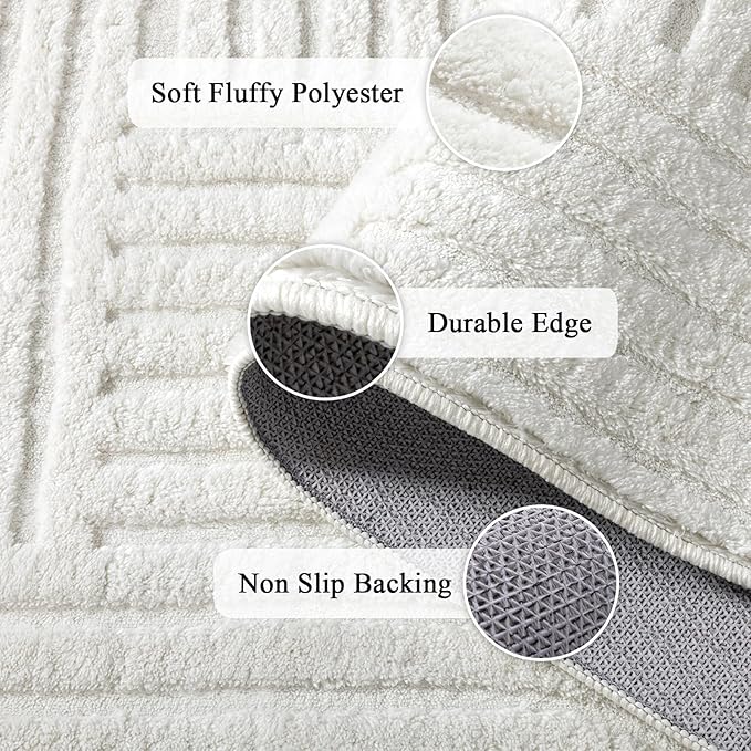SHACOS Soft Cozy Fluffy Arch Pattern High Low Pile Area Rugs 3'x5' Non Slip Washable Scandinavian Minimalist Rug Modern Geometric Arc Carpet for Living Room Bedroom Dining Room, Cream White