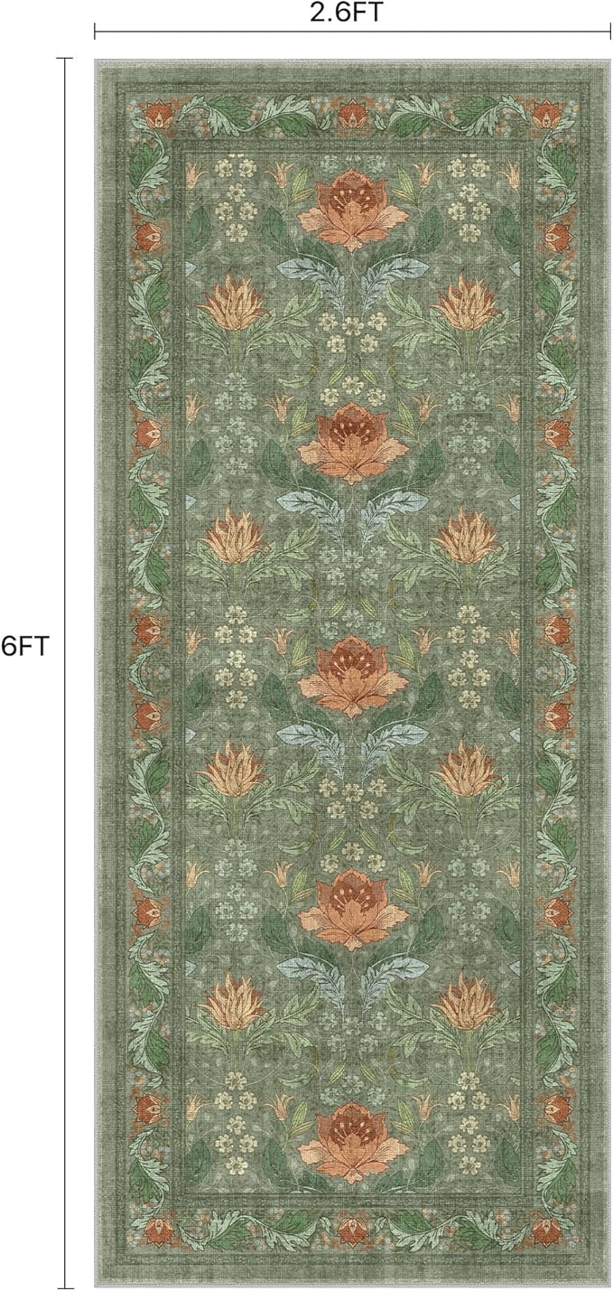 Bavni 2'6''x6 Runner Rug,Microfiber Washable Non-Slip Vintage Floral Rugs,Low Pile Lightweight Carpet for Bedroom,Hallway,Entryway,Kitchen,Bathroom, Bean Green