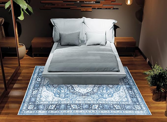 Bloom Rugs Caria Washable Non-Slip 6x9 Rug - Blue Traditional Area Rug for Living Room, Bedroom, Dining Room, and Kitchen - Exact Size: 6' x 9'