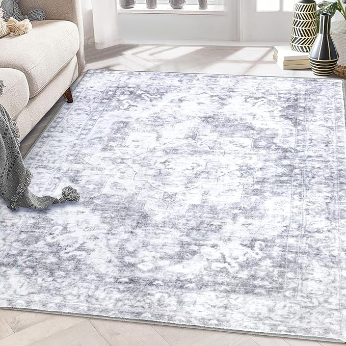 COMSLE 4x6 Rugs for Living Room Washable Area Rugs for Bedroom Faux Wool Distressed Throw Rugs Absorbent Non-Slip Floor Carpet for Indoor Kitchen Laundry Room Gray