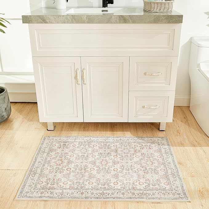 WITSHOCK Washable 2x3 Entryway Area Rug: Soft Non-Slip Backing Washable Rugs Vintage Flower Boho Accent Small Rugs for Bedroom, Kitchen, Bathroom, Nursery Entrance,Camel