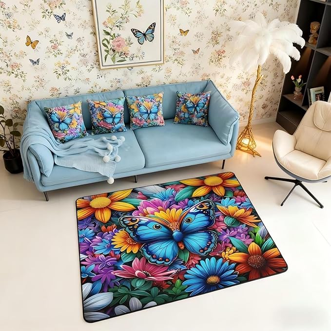 Colorful Butterfly 3x5 Area Rug Rainbow Flowers Rugs for Living Room | Rustic Butterflies Washable Rug, Watercolor Beetles Aesthetic Animal Carpet Indoor Floor Mat