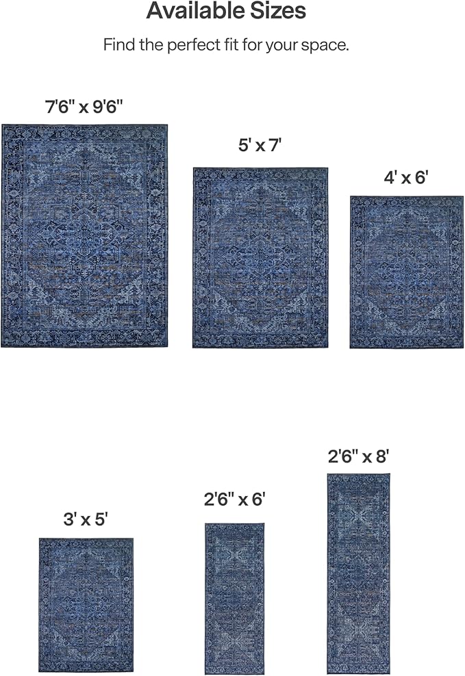 ReaLife Rugs Machine Washable Area Rug - Living Room Bedroom Bathroom Kitchen Entryway Office - Padded Low Pile Stain Resistant Premium - Boho Vintage Traditional - Lyle - Blue 5' x 7'