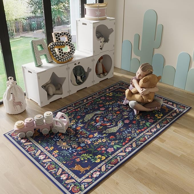 Rugcomf 3x5 Rug Washable Area Rug Floral Office Rug Non Slip Small Carpet for Bedroom, Bedside, Kitchen, Entryway, Kids Room, Office(Blue)