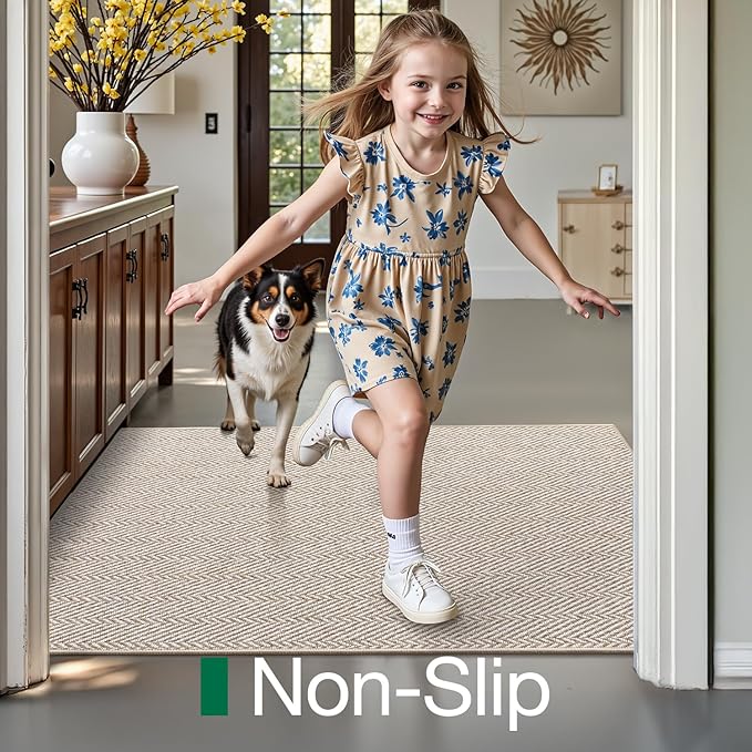 LUMI Ultra Thin Indoor Door Mat for Entrance 48"x72", Non Slip Entryway Mat, Low Profile Doormat, Unique Herringbone Design Carpet for Inside, Patio, Porch, Beige