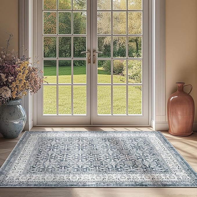 jinchan Floral 3x5 Area Rugs for Entryway - Taupe Vintage Distressed Design Doormat Non-Slip Ultra-Thin Low Pile Boho Rug for Kitchen Living Room Bedroom Farmhouse (3‘x5', Grey)