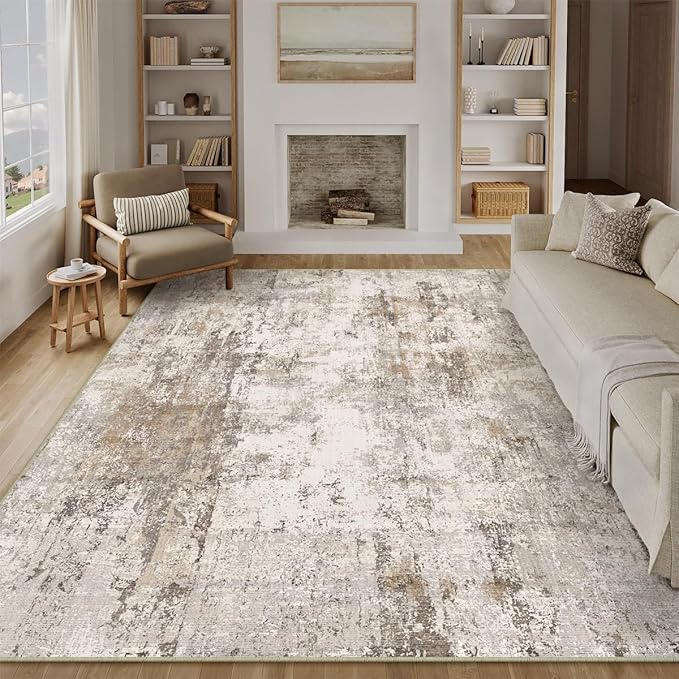 10x14 Area Rug Brown Grey Abstract Living Room Bedroom Washable Carpet Neutral Modern Non Slip Soft Low Pile Indoor Large Throw Rug for Dining Room Office
