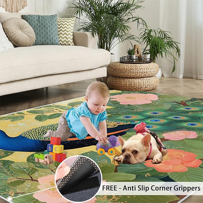 Peacock Peony Rugs for Bedroom - 2x3 Rug, Peacock Decor Area Rugs for Living Room, Peony Flower Carpet, Floral Animal Washable Area Mat, Aesthetics Carpet - Peafowl Home Decor & Gifts