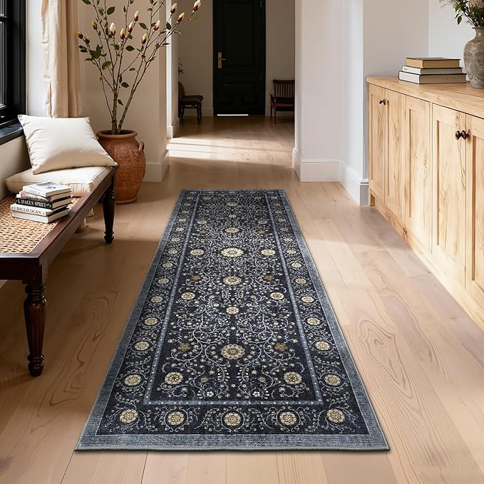 GarveeHome Boho 2x6 Runner Rug for Hallways Non Slip, Vintage Botanical Kitchen Rugs Washable Area Rug for Entryway Stain Resistant, Low Pile Soft Runner Blue Carpet for Bedroom Floor Laundry Room