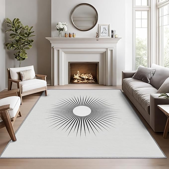 Mid Century Rugs for Living Room - 7x9 ft, Minimalist Sun Rug, Black and White Rugs for Living Room Bedroom, Modern Abstract Washable Area Rug Soft Carpet, Optical Illusion Home Decor & Gifts