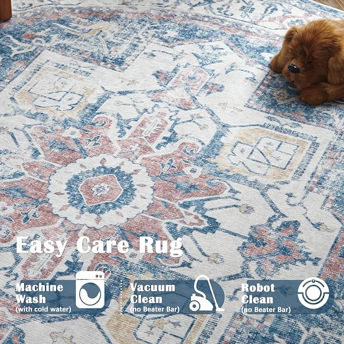 jinchan Kelda Round Rug 7ft Washable Area Rug Indoor Vintage Bedroom Floor Cover Distressed Circle Mat 7' Round Lightweight Non Slip Low Pile Thin Farmhouse Carpet for Living Room Navy Blue