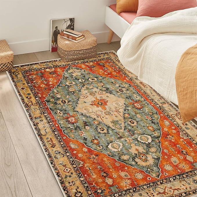 COMSLE Boho Area Rug, 4' x 6' Machine Washable Rugs for Entryway Faux Wool Large Rugs Distressed Throw Rug Non-Slip Floor Carpet for Indoor Bedroom Kitchen Living Room