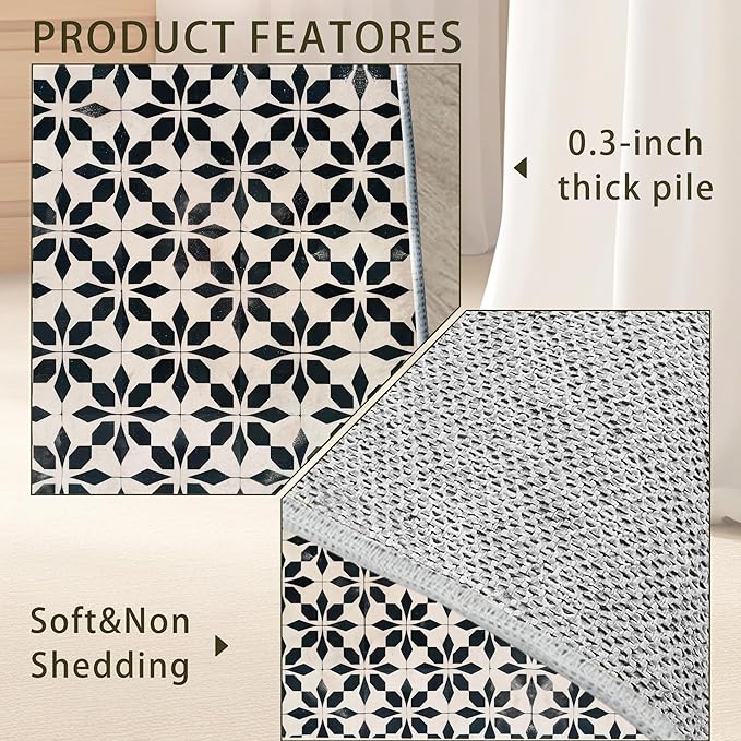 Black Beige Vintage Washable 5x7 Area Rugs for Living Room, Thin Low Pile Contemporary Carpet, Non-Slip Base Lightweight Rug