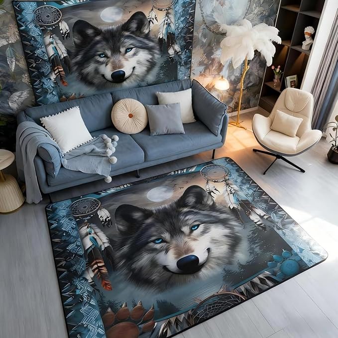 Western Wolf 3 x 5 Area Rug Bohemian Dream Catchers Rugs for Living Room | Woodland Animals Washable Rug, Dreamcatcher Wildlife Carpet Indoor Floor Mat