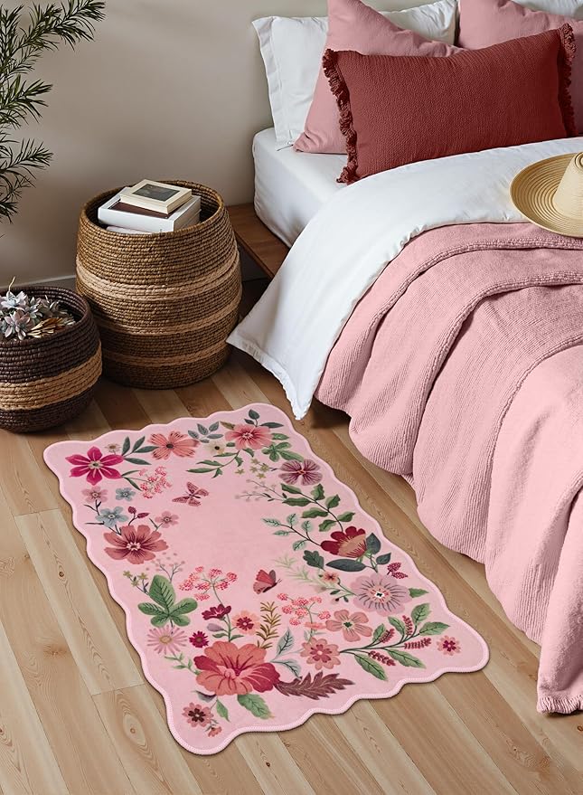 Lahome Floral Washable Entryway Rug, 2X3 Soft Kitchen Rugs Non-Slip, Ultra-Thin Door Mat Indoor Entrance Stain Resistant Boho Small Throw Carpet for Bathroom Bedroom Entry, Pink