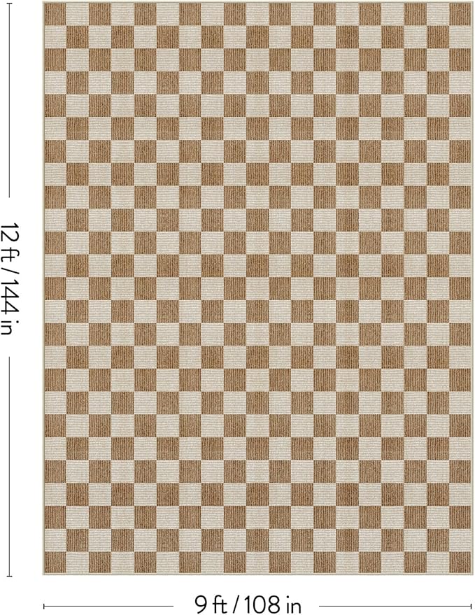 LIVEBOX 9x12 Area Rugs for Living Room, Checkered Non-Slip Washable Rugs, Farmhouse Neutral Classic Geometric Large Boys Area Rug for Bedroom, Carpet for Living Dining Room Office(Brown,9'x12')