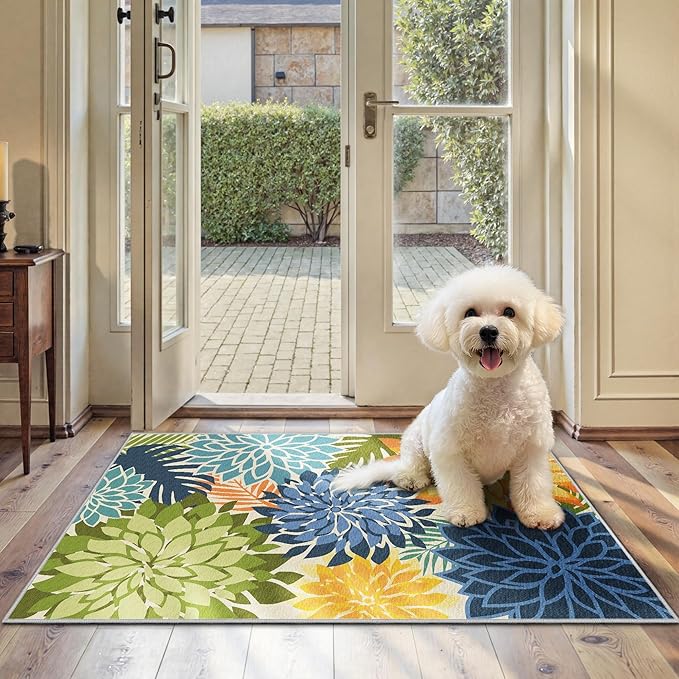 2x3 Colorful Washable Small Rug Tropical Botanical Modern Floral Indoor Chenille Door Mat Carpet Non Slip for Patio, Entry Way, Entrance, Porch, Green