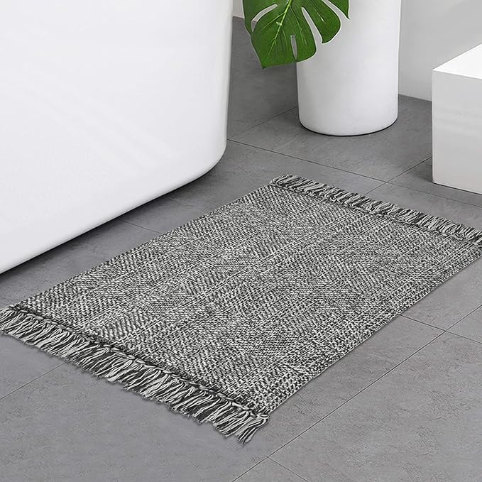 Collive Boho Small Bathroom Rug, 2' x 3' Hand-Woven Kitchen Rugs, Grey Cotton Reversible Washable Modern Farmhouse Carpet for Foyer Bathroom Bedroom Back Door