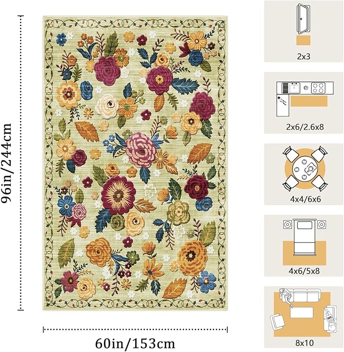 5x8 Machine Washable Area Rug for Living Room, Green Vintage Boho Floral Rug Large Non-Slip Low Pile Soft Faux Wool Carpet, Kids and Pets Friendly for Bedroom Dining Room Farmhouse Home Decor Rug